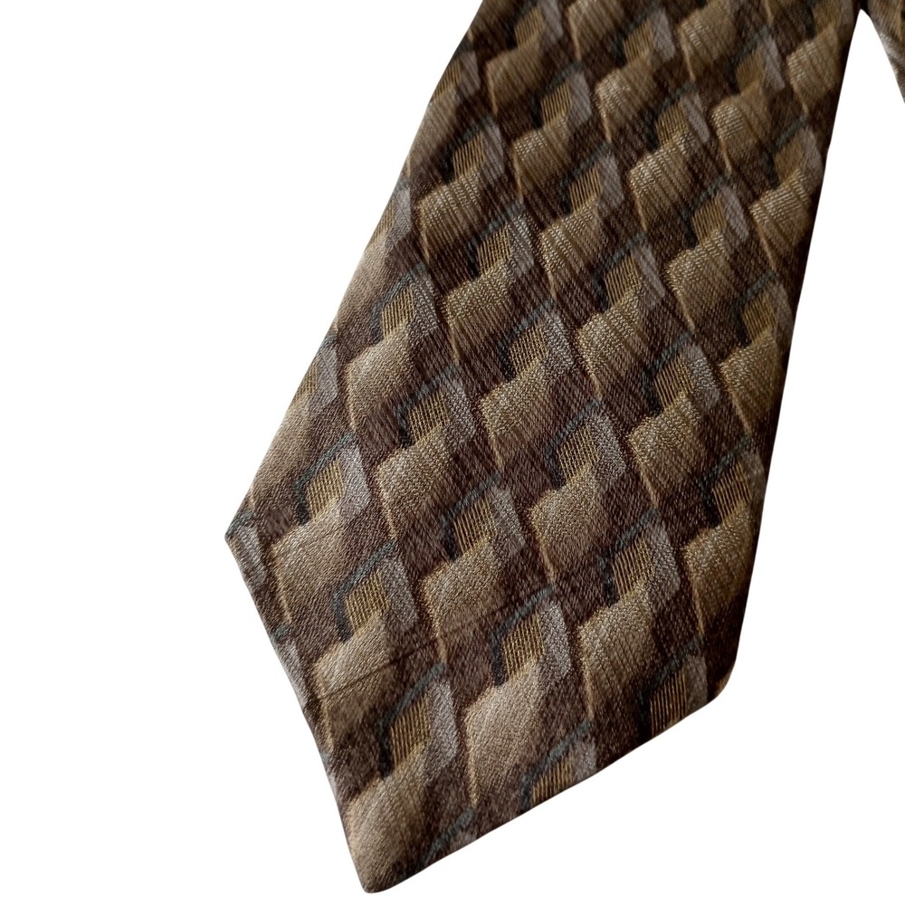 Stafford Mens Silk Tie Brown Tan Grey Geometric Basketweave Pattern Necktie
